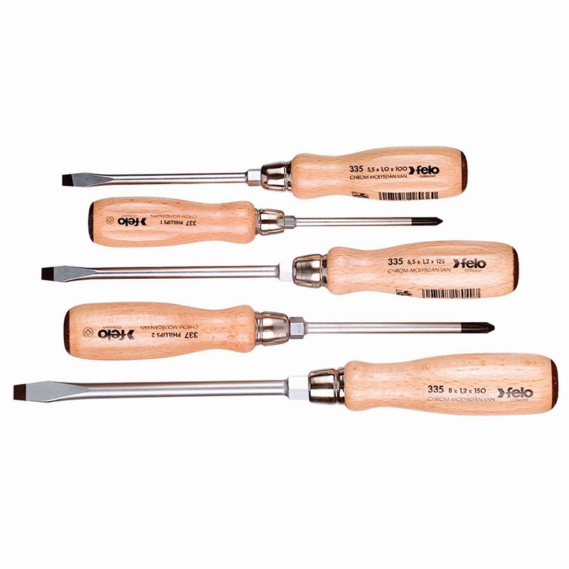 Felo 0715722155 Slotted & Phillips Wooden Handle Screwdriver Set, 5 Piece