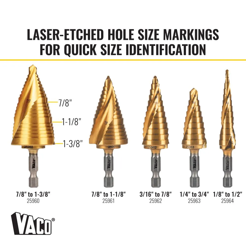 Klein Tools 25960 Step Drill Bit, Spiral Double-Fluted, 7/8-Inch to 1-3/8-Inch, VACO