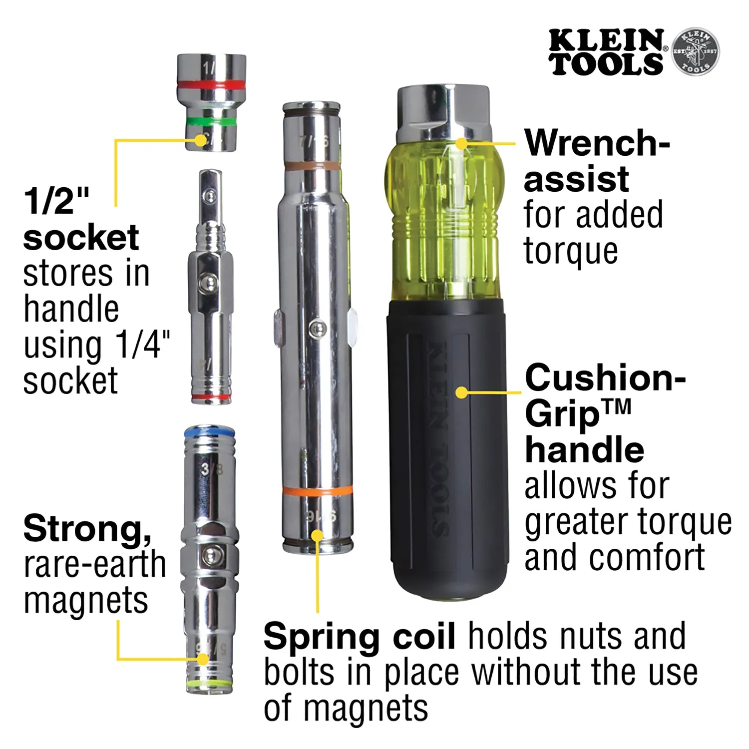 Klein Tools 32807MAG 7-in-1 Nut Driver with Magnetic Driver and Spring Coil Bits