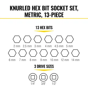 Klein Tools 65213HEXM Knurled Hex Bit Socket Set, Metric, 13 Pc.