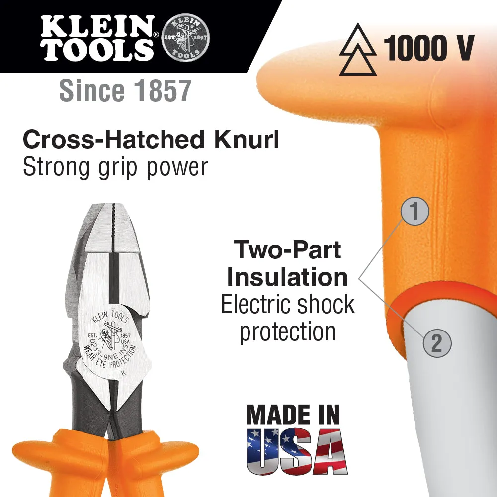 Klein Tools D213-9NE-CR-INS 9" Insulated High-Leverage Side-Cutting Pliers-Connector Crimping