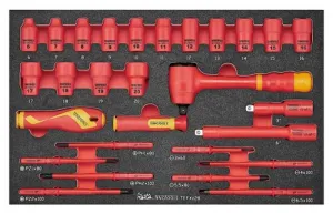 Teng Tools 28 Piece 1000 Volt Insulated 3/8 Inch Drive 6 Point Shallow Socket, Extension Bar, Ratchet & Screwdriver EVA Foam Tray - TEFXV28