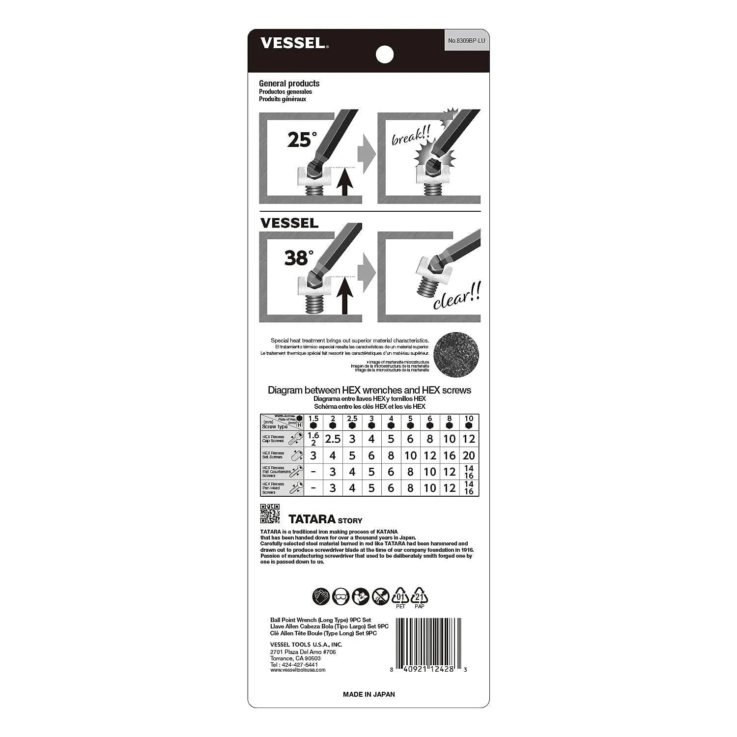 Vessel Tools 8309BPLU Ball Point Hex L-Key Wrench (Long Type) 9 Piece Set