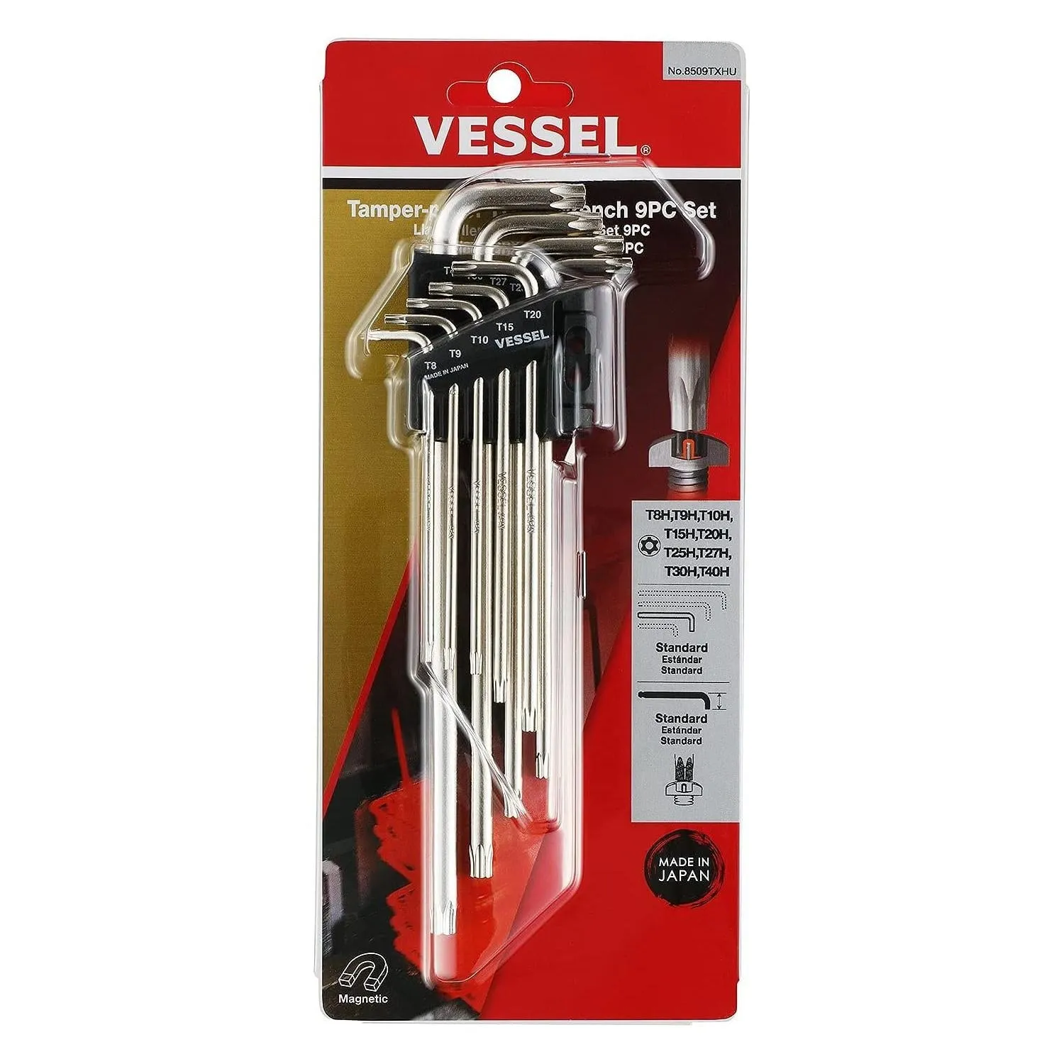Vessel Tools 8509TXHU Tamper-proof TORX L-Key Wrench 9 Piece Set