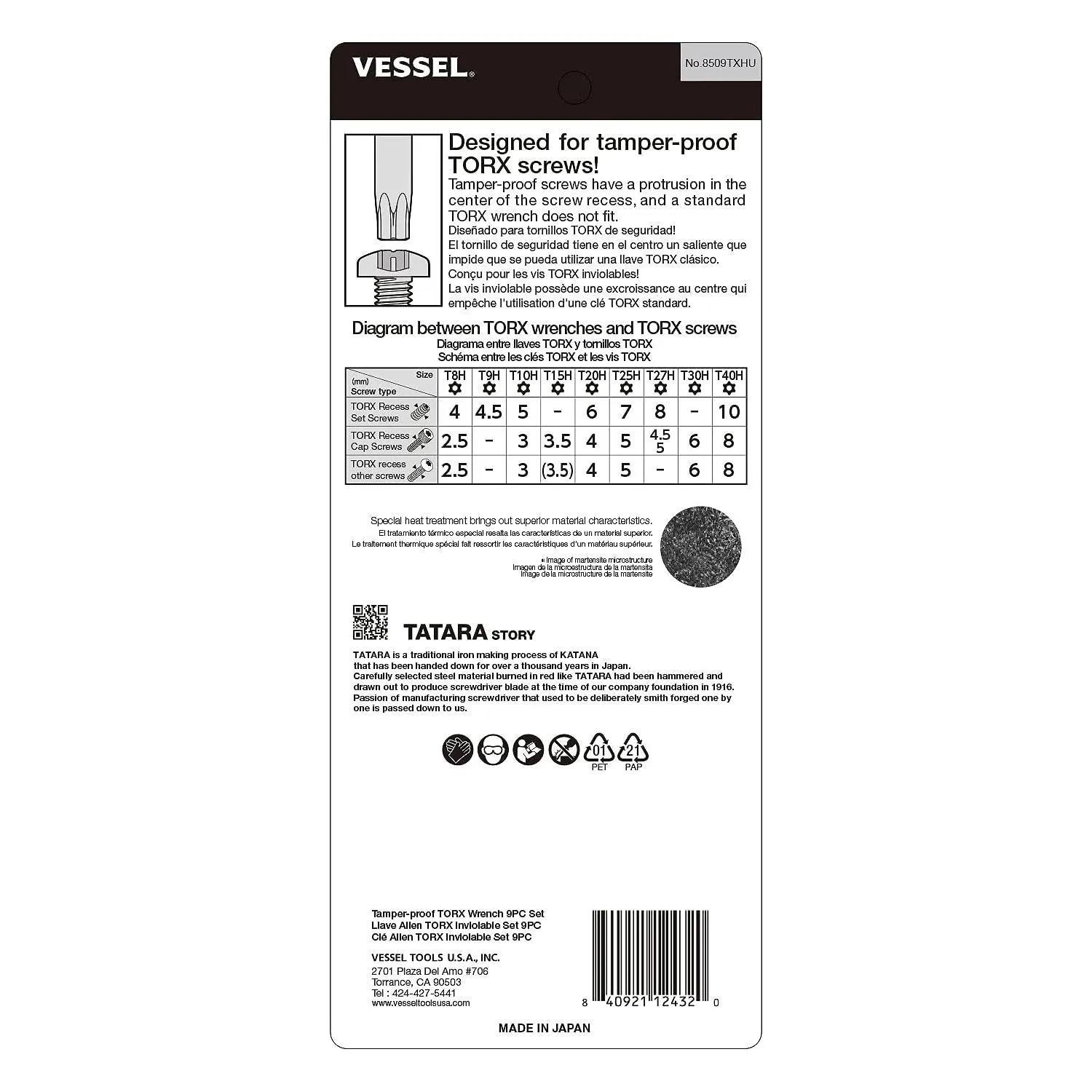 Vessel Tools 8509TXHU Tamper-proof TORX L-Key Wrench 9 Piece Set
