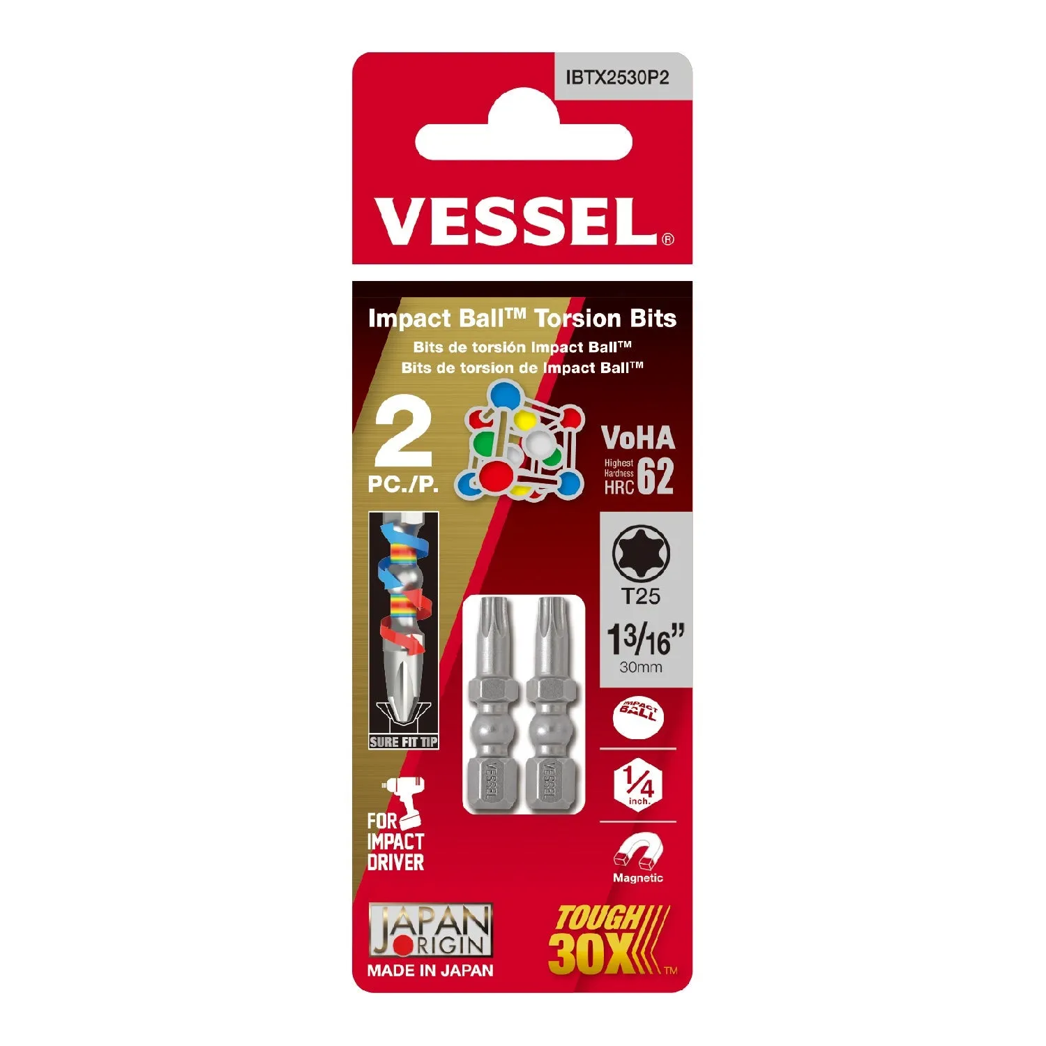 Vessel Tools IBTX2530P Impact BallTM Torsion Bits, T25 x 30