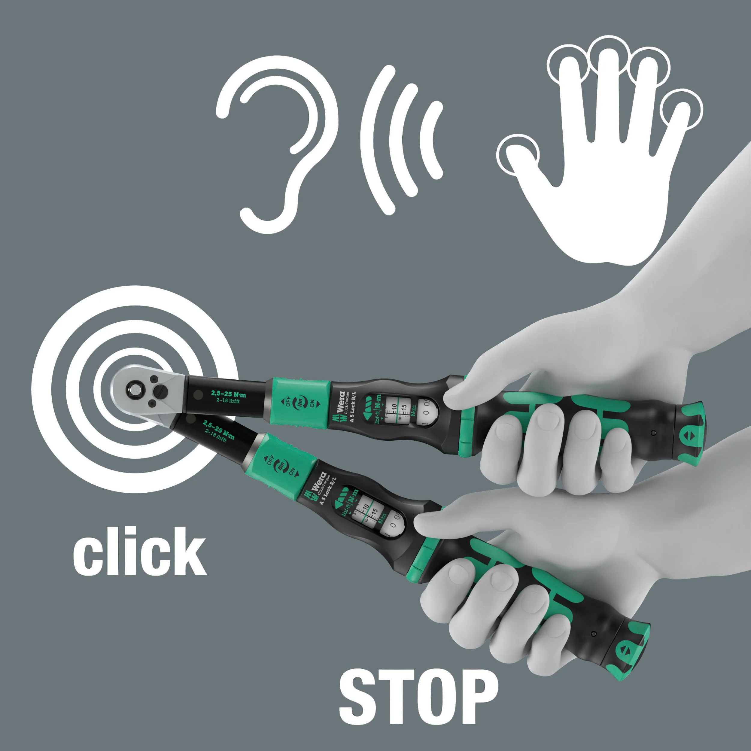 Wera Click-Torque Lock A 5 R/L Torque wrench, adjustable, Torque Lock function, square head insert (1/4"), clockwise/counterclockwise torque operation, 2.5-25 Nm