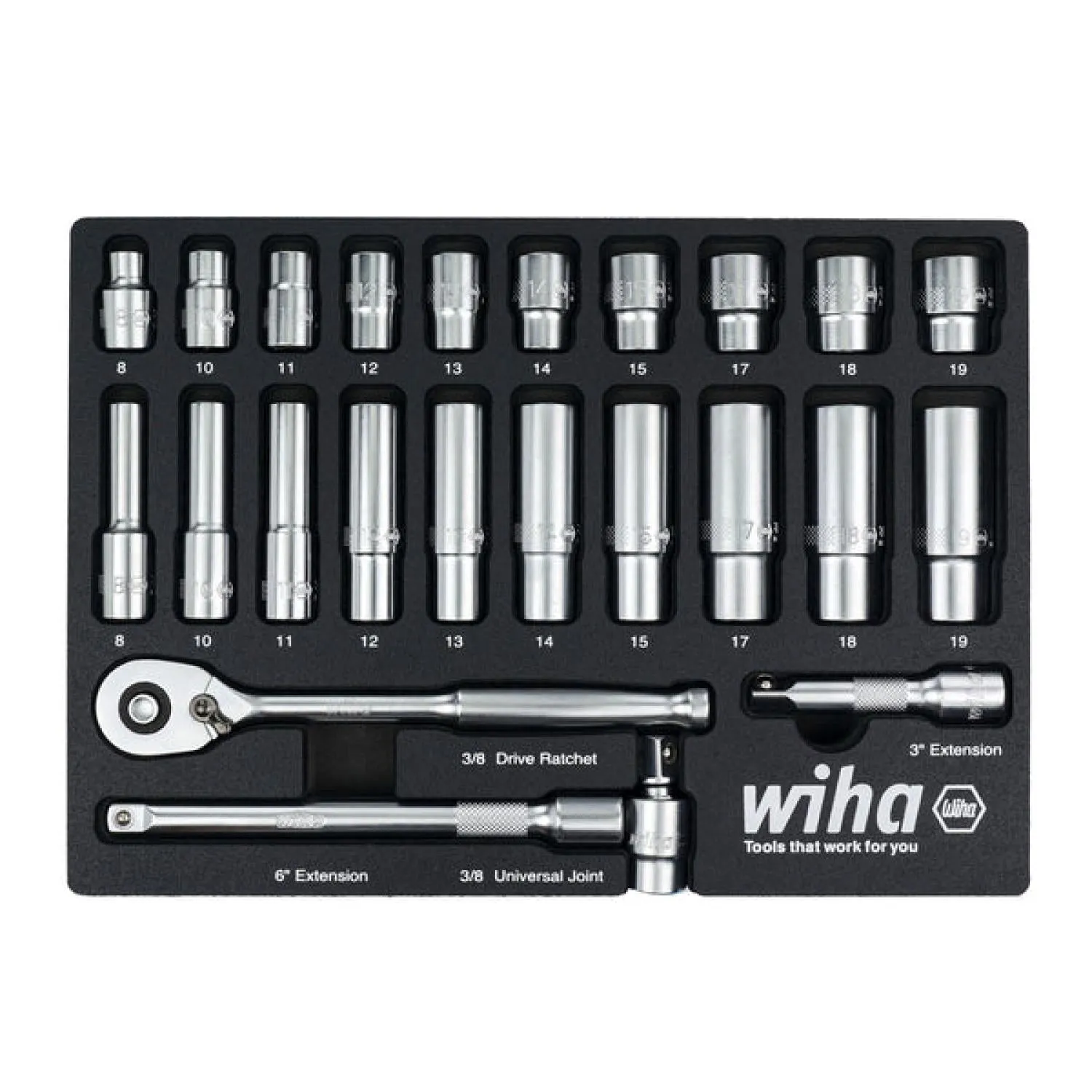 Wiha 33795 24 Piece 3/8 Drive Professional Socket Tray Set - Metric