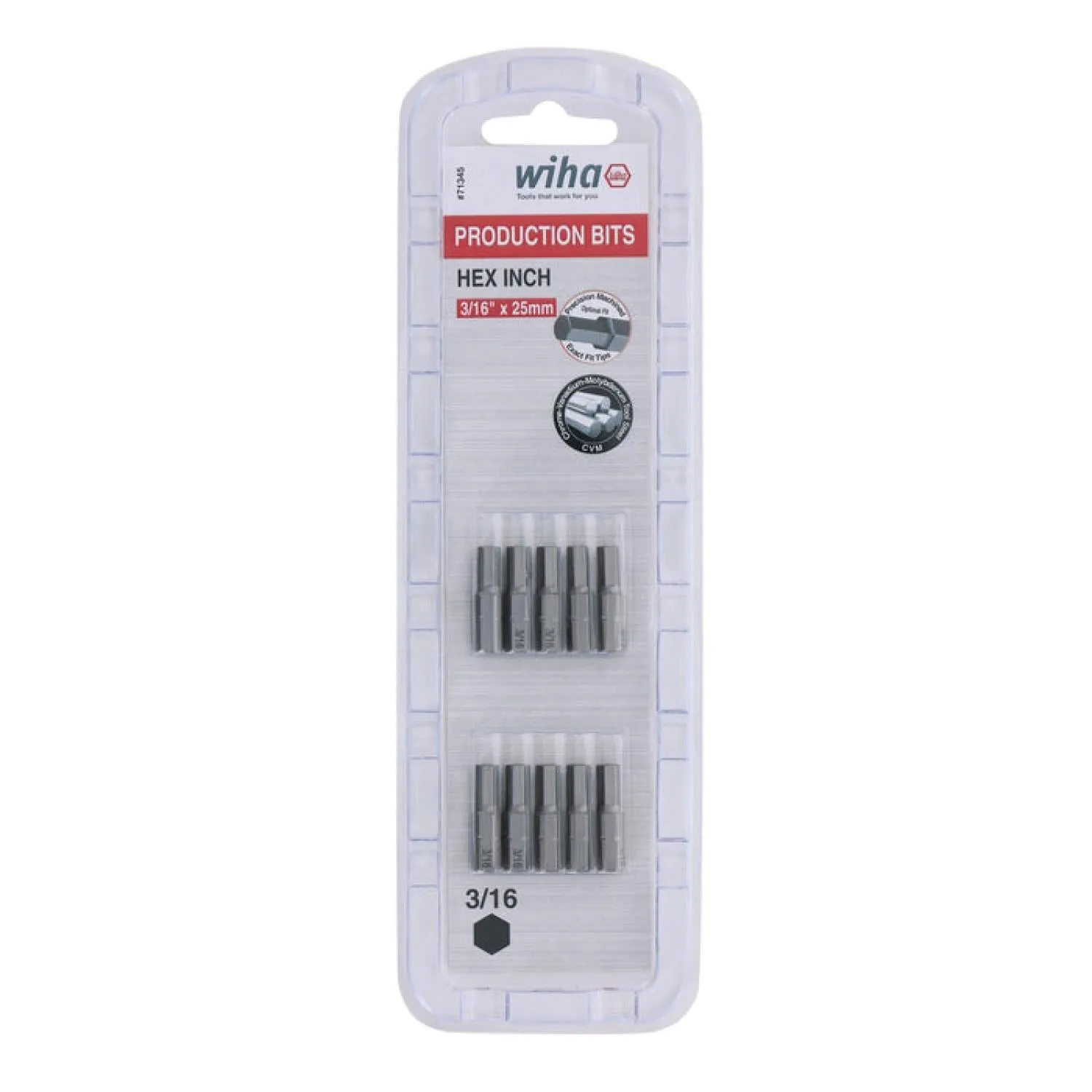 Wiha Tools 71345 Hex Insert Bit, 3/16" x 25mm 10 Pack