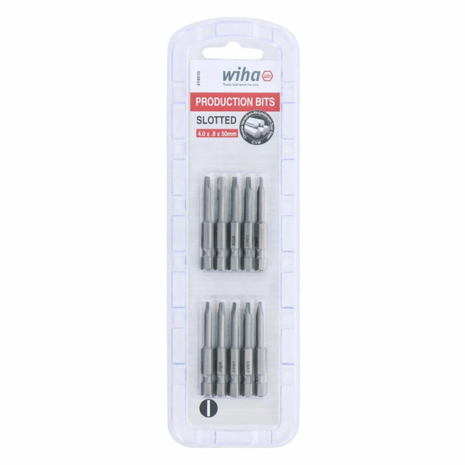 Wiha Tools 74010 Slotted Power Bit, 4.0 mm x .8 mm x 50 mm, 10 Pk.